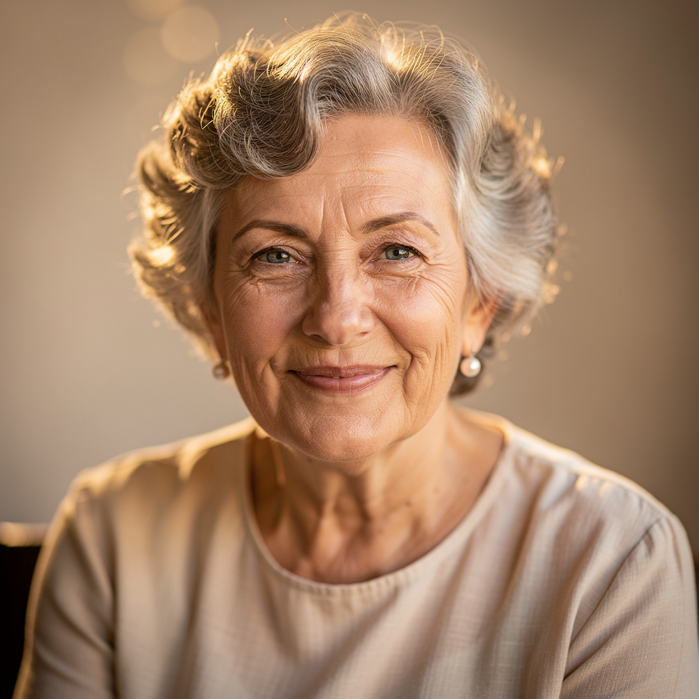 Portrait of a smiling senior woman with curly silver hair