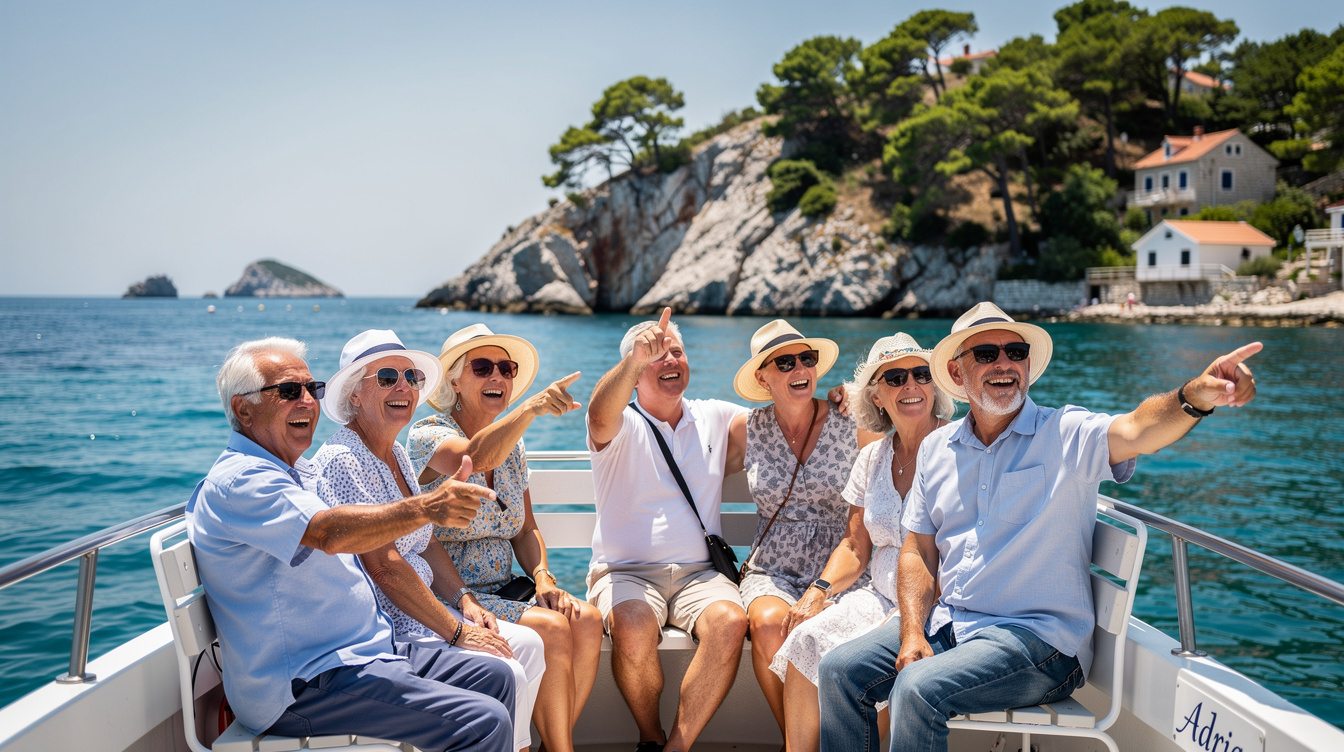 Group of seniors enjoying a boat excursion along the Croatian coast