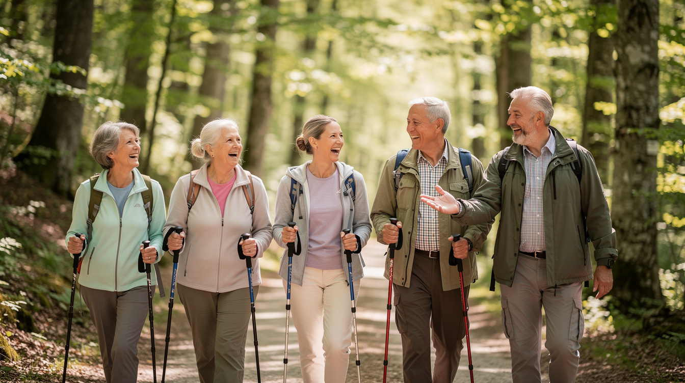 Group of active senior friends laughing while walking outdoors on a sunny day