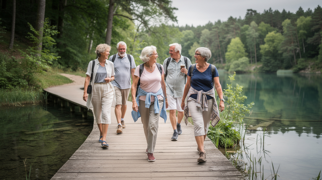Group of seniors walking on a boardwalk trail through a forest with a lake