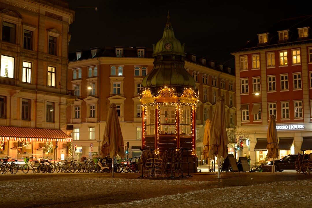 Christmas advent market with festive lights in a European city square